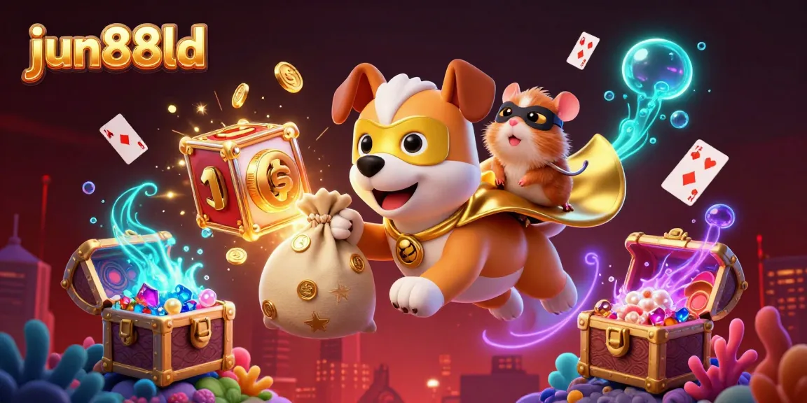 Experience thrilling wins at jun88ld with a dynamic scene of a superhero dog in a casino-themed adventure.