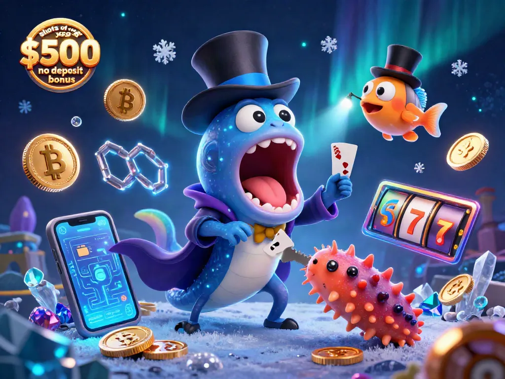 Slots of Vegas $500 no deposit bonus showcased with vibrant sea creatures performing magic tricks, surrounded by casino elements.