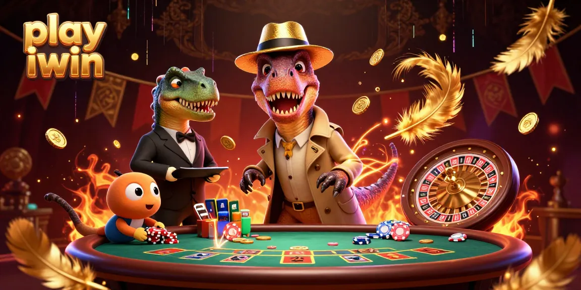 Play iwin at a vibrant casino scene with cartoon dinosaurs counting cards and sneaking chips.