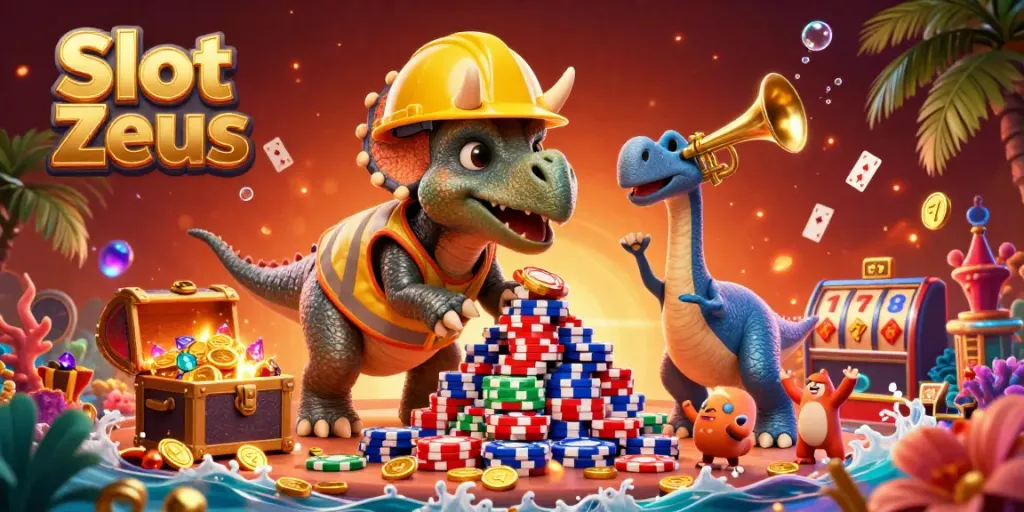 Experience the thrill of Slot Zeus as a triceratops celebrates jackpot wins amid a vibrant casino scene.