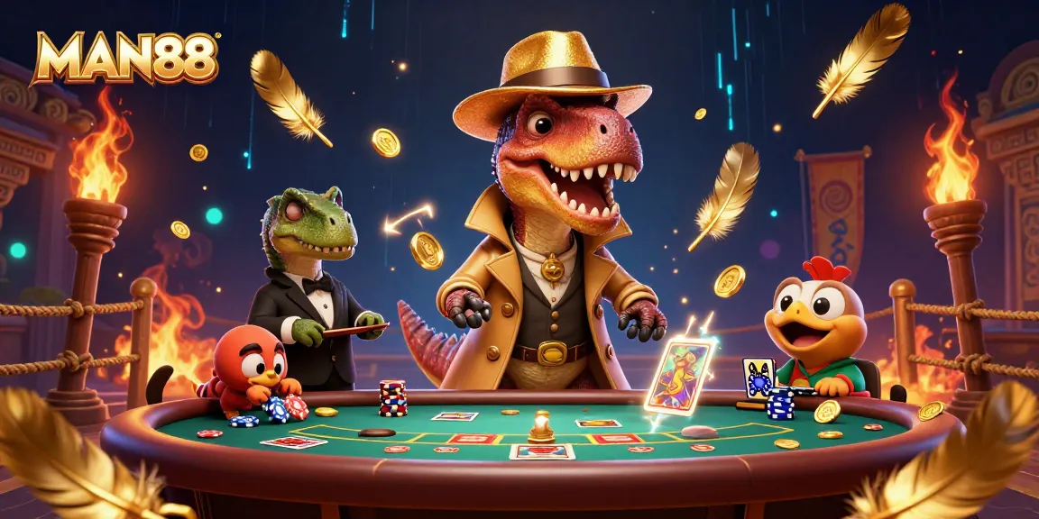 Experience thrilling action with MAN88 at a blackjack table amidst lively characters in a vibrant casino scene.