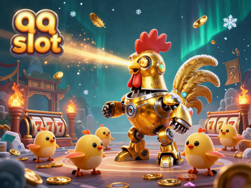 Engage in thrilling gameplay with qq slot featuring a dynamic scene of a golden rooster robot and baby chick drones.