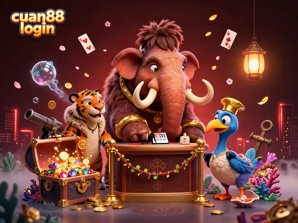 Join the excitement with cuan88 login as a woolly mammoth checks IDs while the saber-tooth tiger enters a vibrant casino scene.