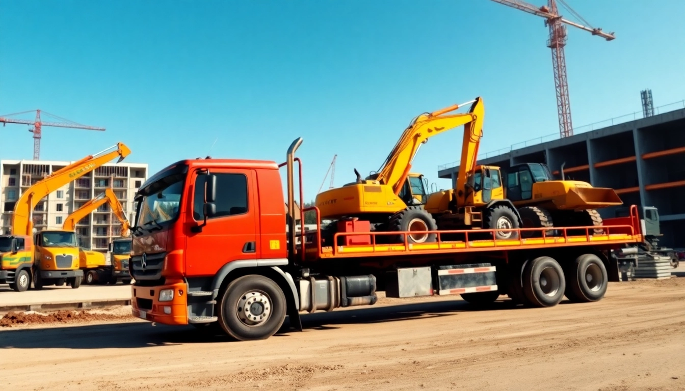 Transporting heavy equipment via a flatbed truck at a busy construction site.