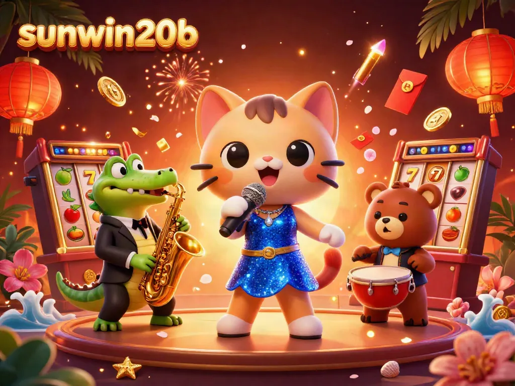 Experience the excitement of sunwin20b with a vibrant 3D illustration of a lively casino scene featuring animated characters and slot machines.