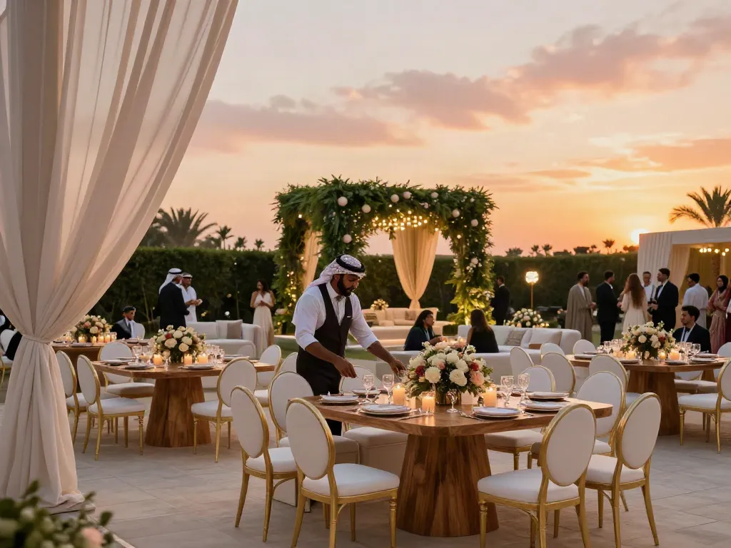 Event furniture rental setup for a lavish outdoor wedding reception showcasing premium lounge furniture and elegant decor.