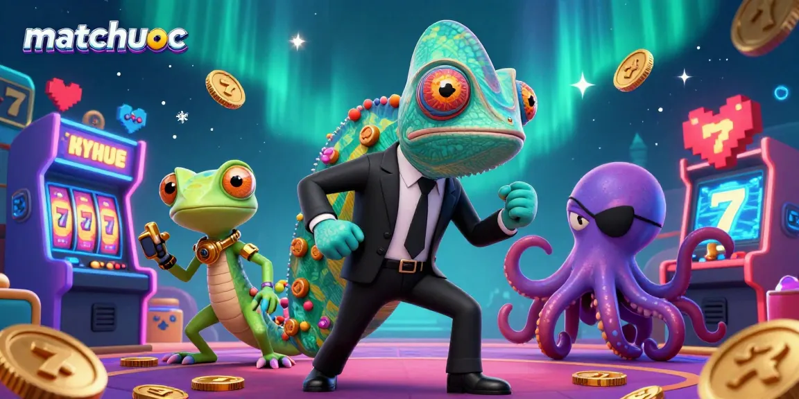 Experience slot gaming adventures with matchuoc's unique characters in vibrant animated casino illustration.