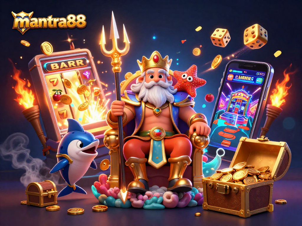 Experience the thrill of mantra88 with Neptune and a jackpot explosion in a vibrant 3D casino scene.