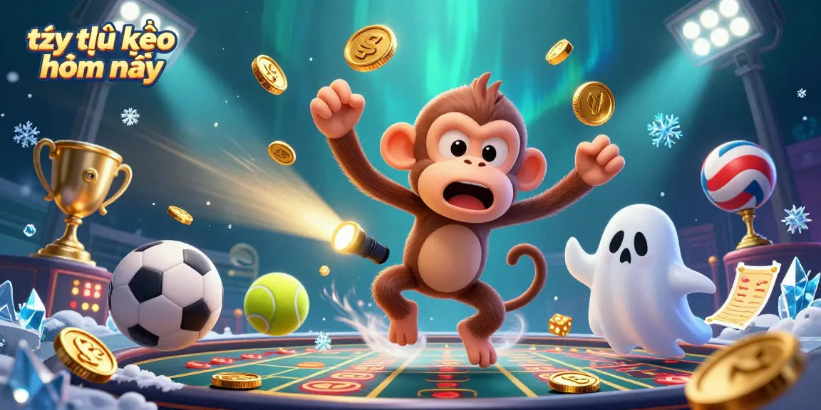 Tỷ lệ kèo nhà cái hôm nay showcased in a vibrant casino scene with a poltergeist monkey and ghost-hunter puppy.