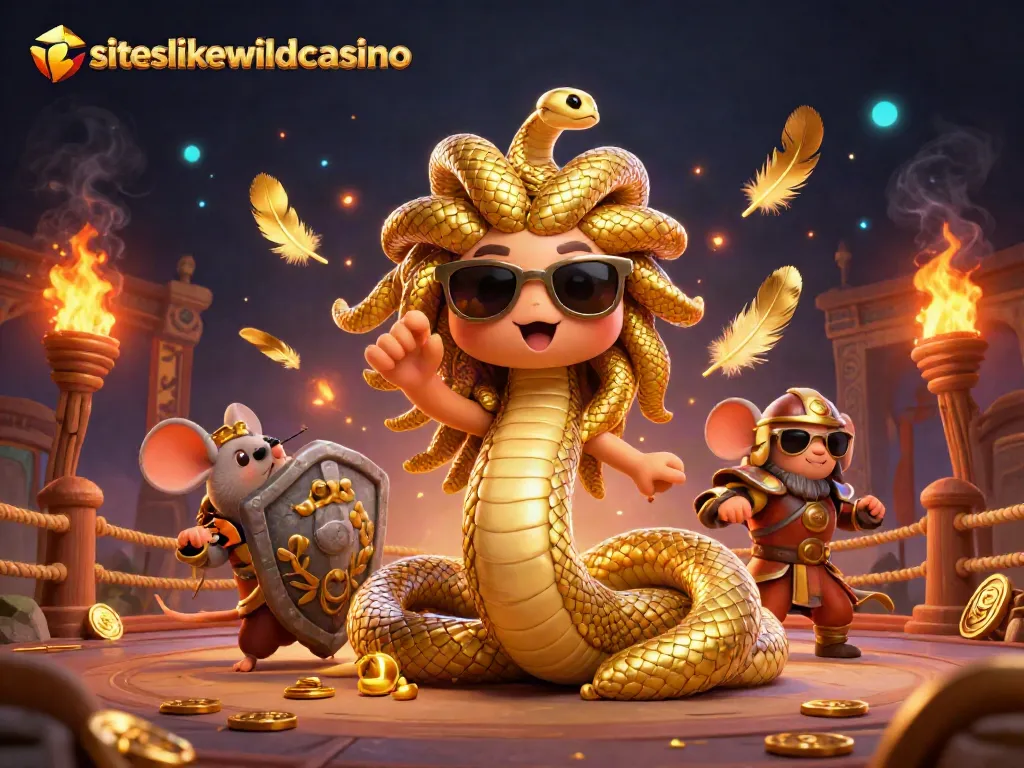 Engage with gameplay at siteslikewildcasino featuring Medusa and a warrior mouse in a vibrant casino setting.