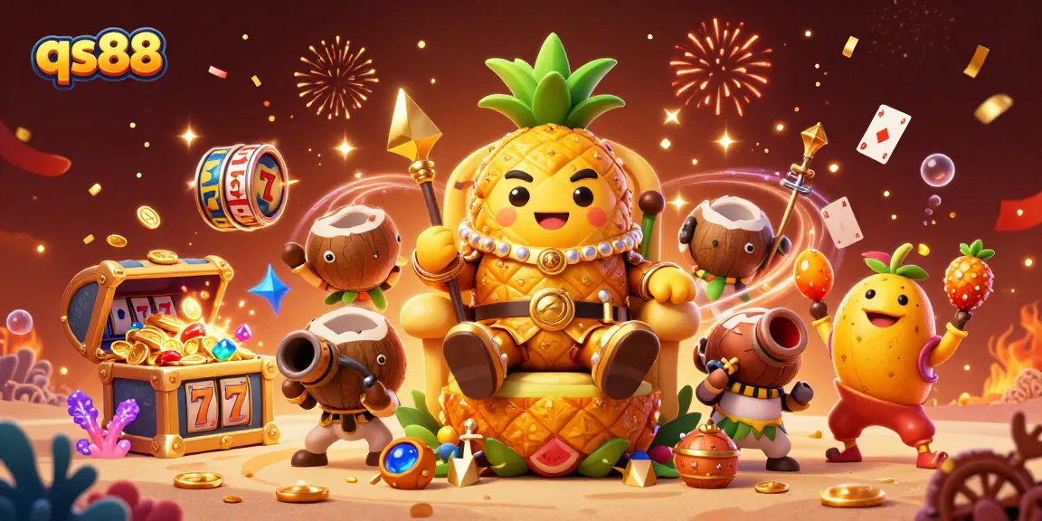 Engage with qs88's vibrant casino scene featuring a golden pineapple king and exciting game elements.