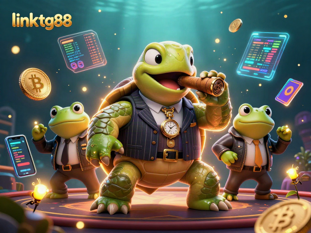 Engage with link tg88 through a dynamic casino scene featuring a mobster turtle and bullfrog enforcers.