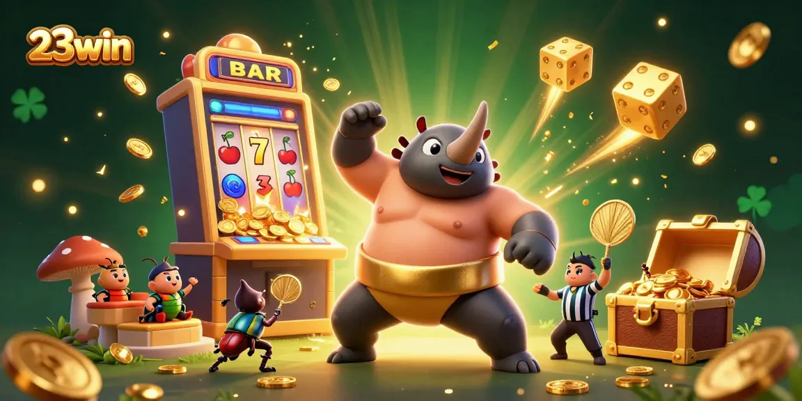 Experience the thrilling 23win casino excitement with a dynamic 3D illustration featuring vibrant characters and game elements.