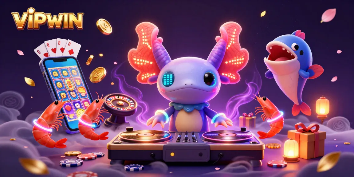 Experience the excitement of gambling with the vibrant VIPWIN axolotl DJ illustration, showcasing colorful games and casino elements.