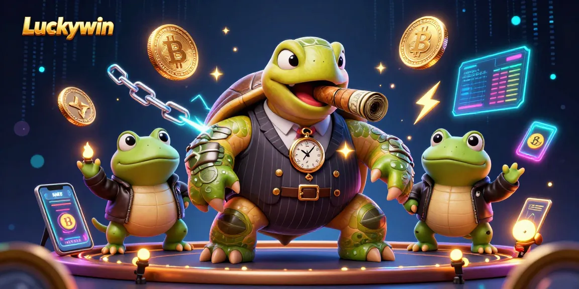 Experience Luckywin's vibrant casino scene with a charming snapping turtle and bullfrog enforcers.