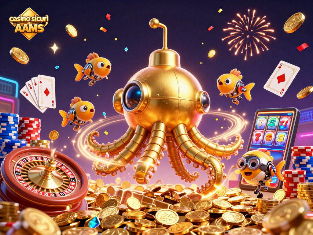 Giocando nei casino sicuri non AAMS con un kraken d'oro e pesci meccanici, tra monete e slot.