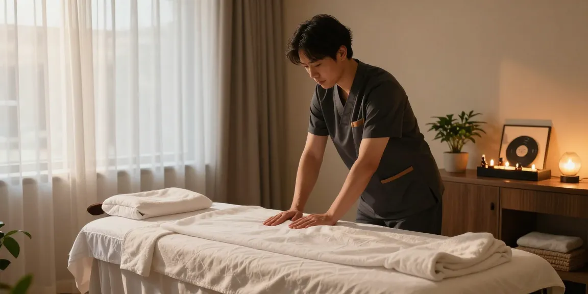 Experience the serenity of 인천출장마사지 with a professional therapist in a relaxing hotel room setup.