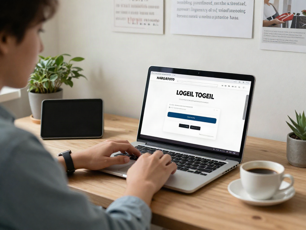 User accessing HARGATOTO website for safe togel login in a cozy home office.