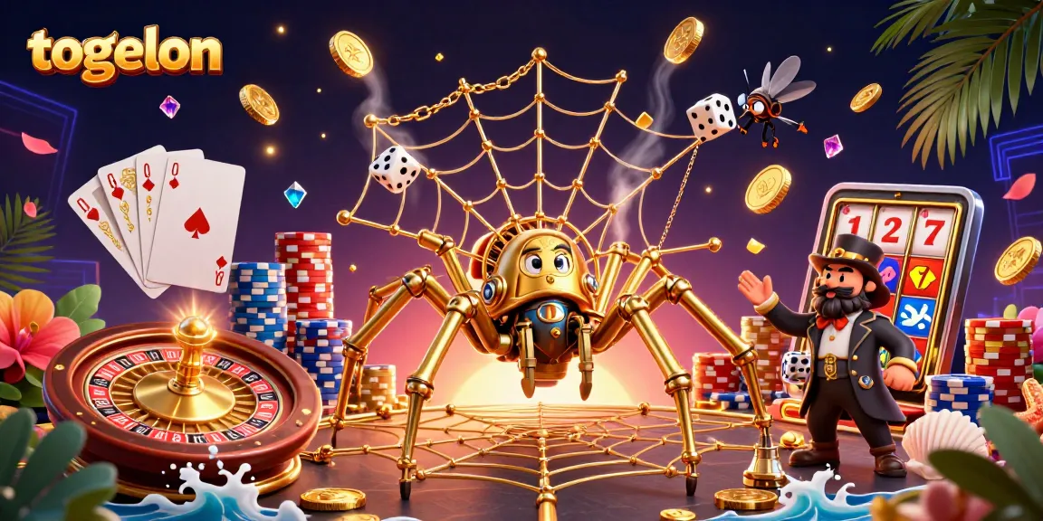 Engage with the thrilling world of togelon as a golden spider captures dice in a vibrant casino atmosphere.