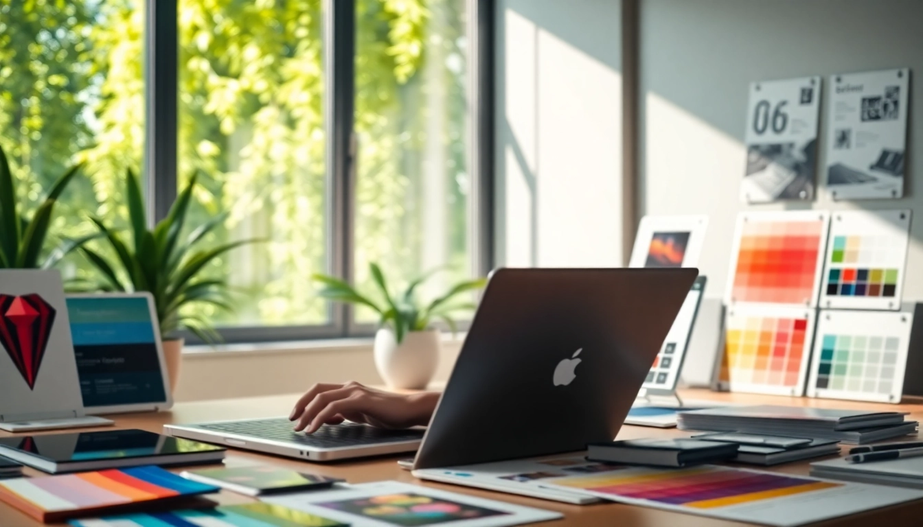 Creating an engaging design with Shopify theme customization centered on a designer's workspace.