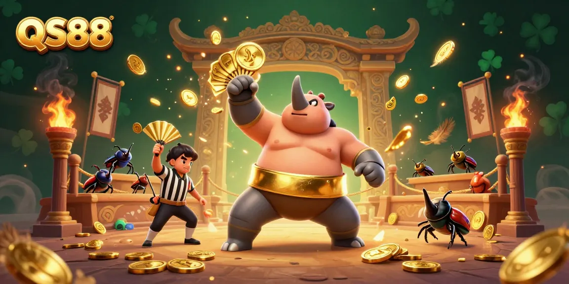 Experience thrilling action at QS88 with a sumo champion beetle surrounded by golden coins and festive elements.