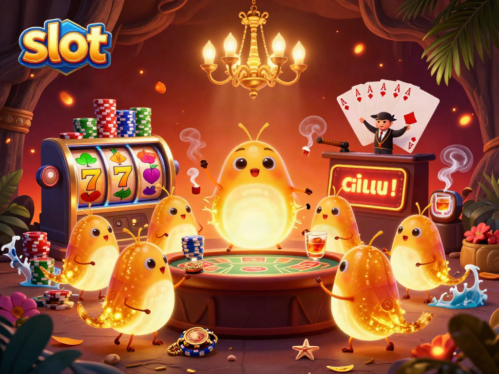 Experience high-stakes slot action in a vibrant cave casino featuring animated characters.