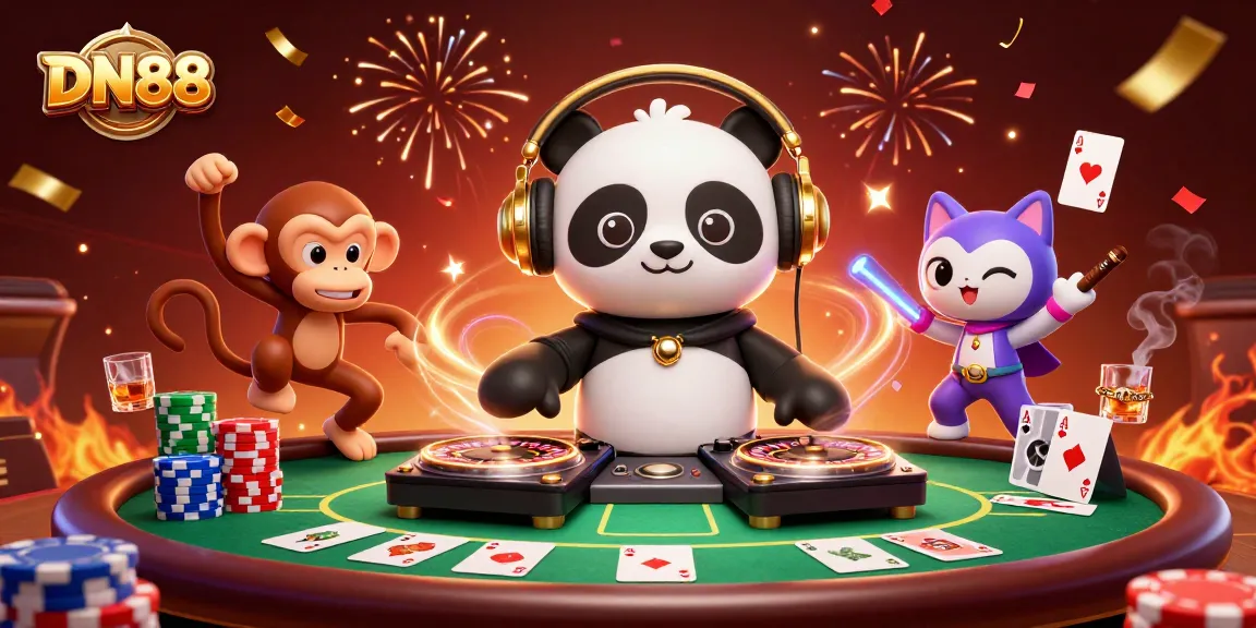 Experience thrilling gameplay at DN88 with a DJ panda, breakdancing monkey, and rave gear kitten celebrating on a casino dance floor.