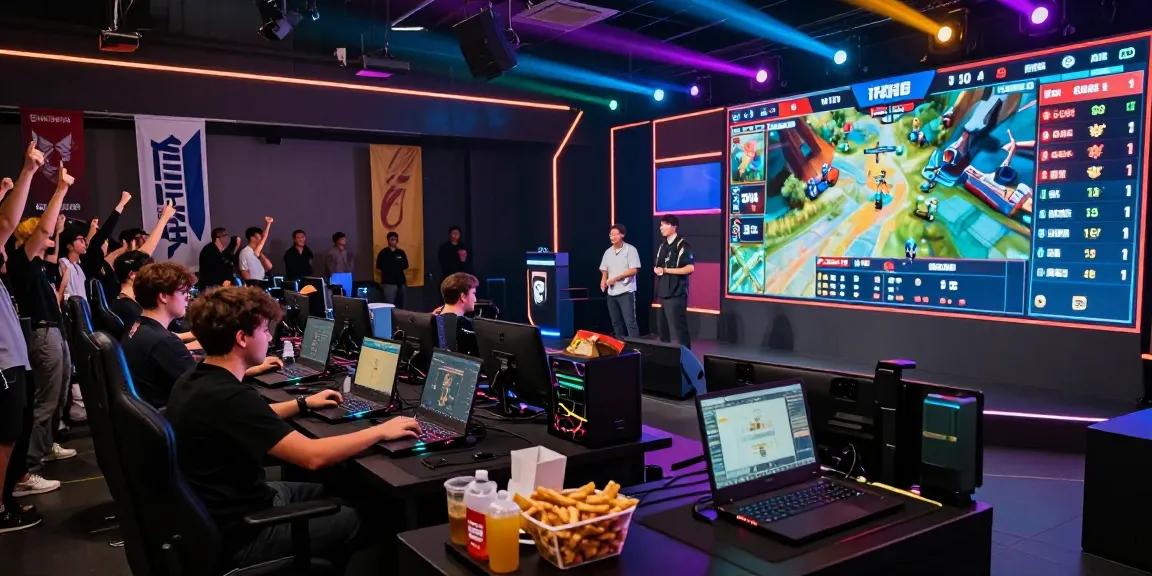 Gamers engaged in a competitive MANTRA88 tournament in a vibrant esports arena.