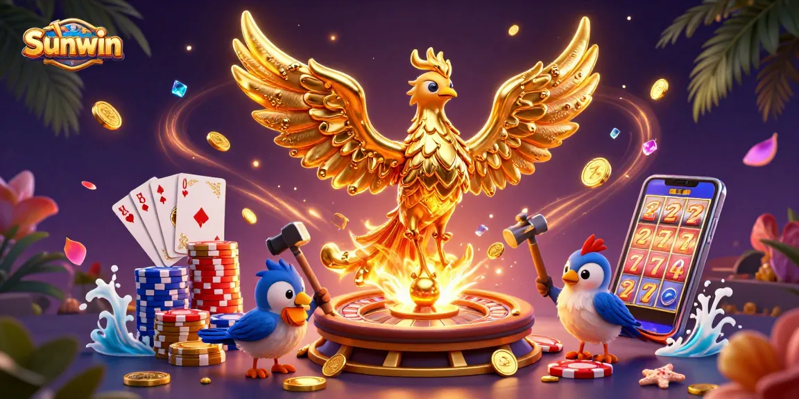 Experience the thrill of gaming at Sunwin with dynamic 3D visuals of gold coins and casino elements.