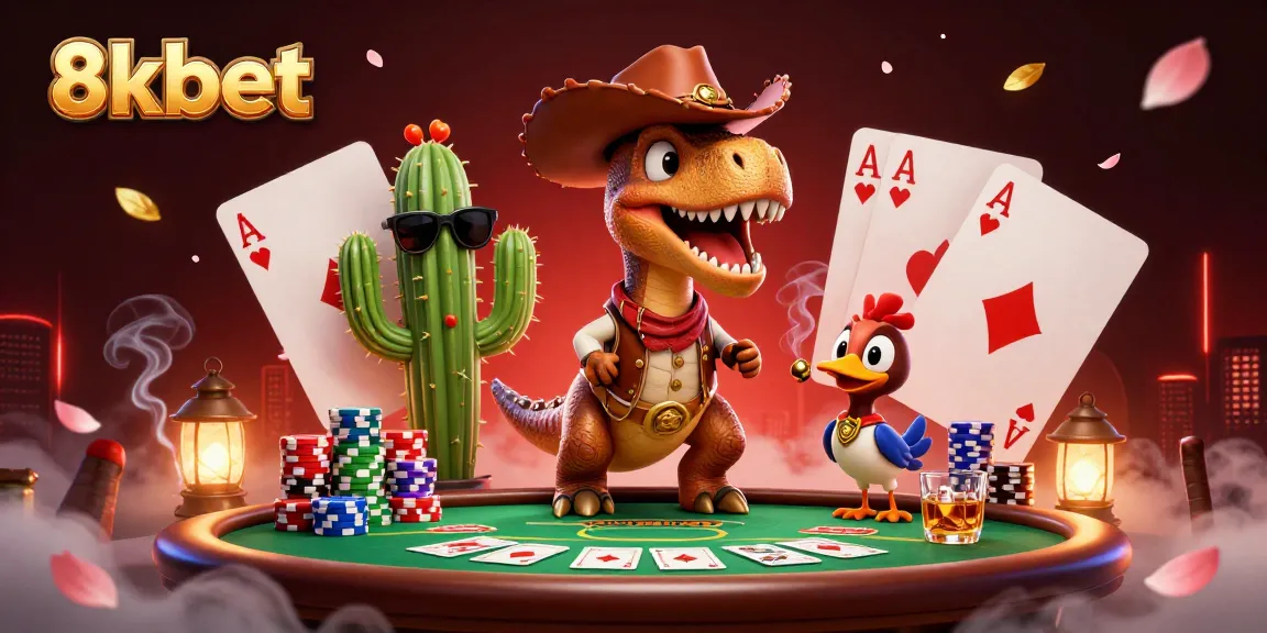 Engage in thrilling poker action with the 8kbet dinosaur characters, poker chips, and vibrant gaming elements.
