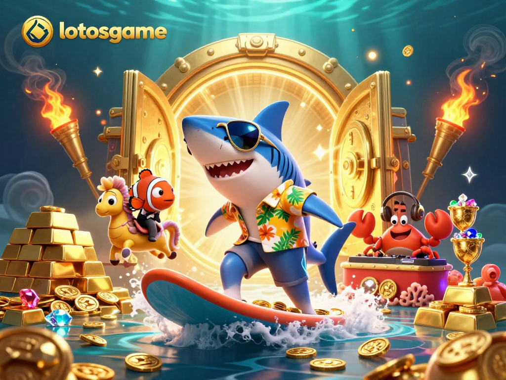 Engage with lotosgame's vibrant underwater scene featuring a shark and clownfish on a treasure wave.