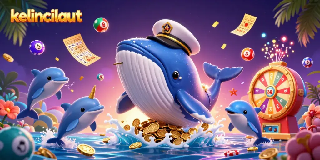 Engage with kelincilaut's exciting games through playful dolphins and a golden narwhal in a vibrant casino scene.