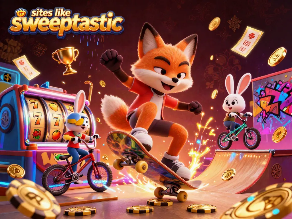 Spin and win with sites like sweeptastic featuring vibrant slot machines and playful characters.