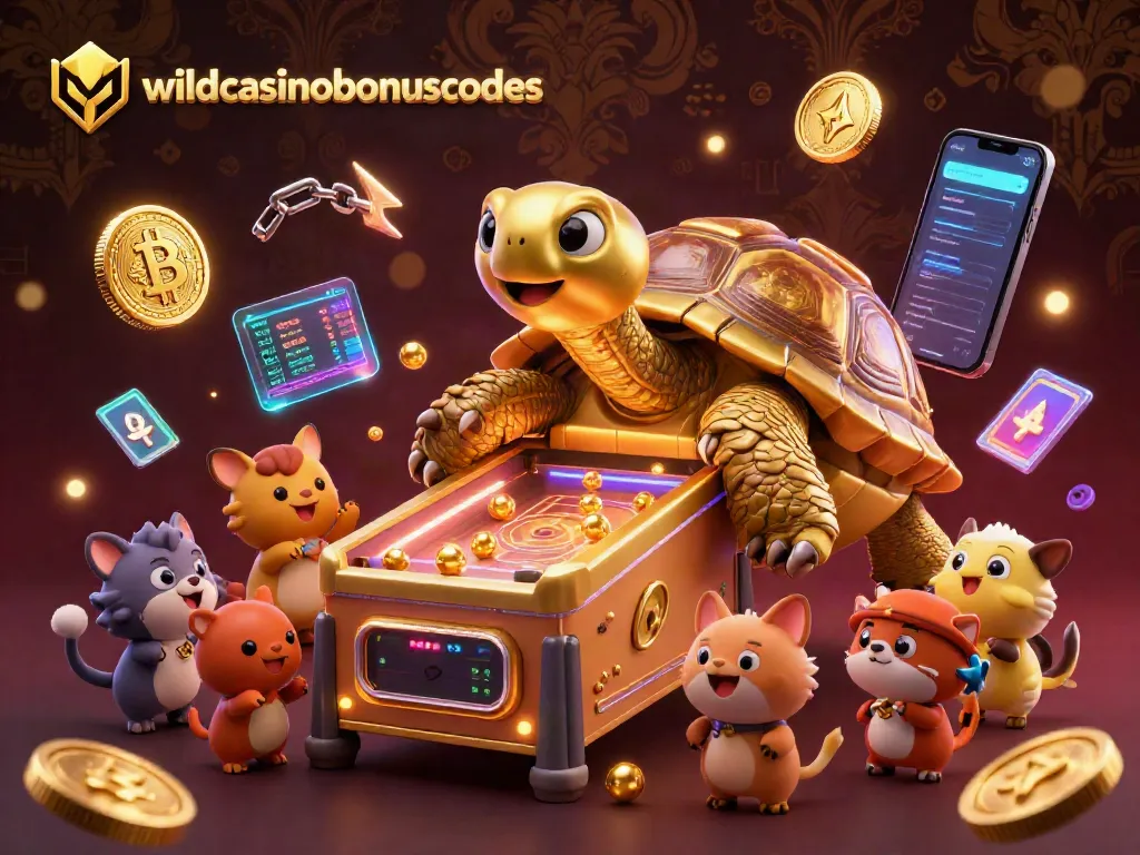 Experience wildcasinobonuscodes with a dynamic 3D casino illustration showcasing a colossal tortoise pinball machine.
