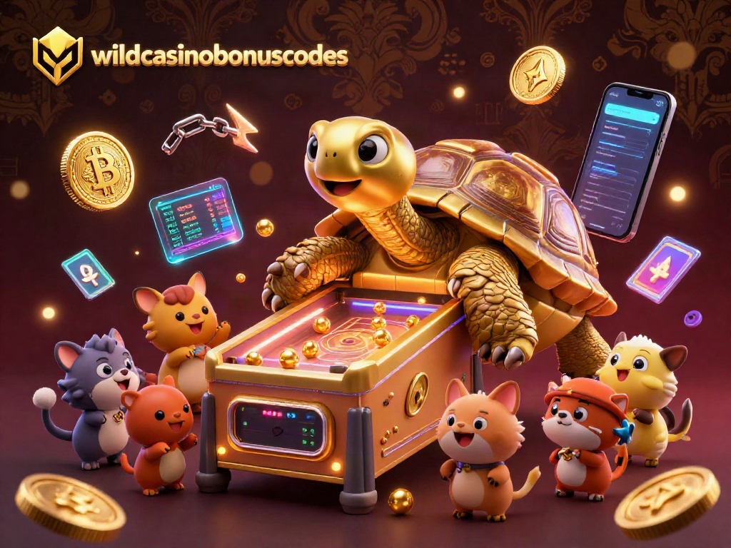 Experience wildcasinobonuscodes with a dynamic 3D casino illustration showcasing a colossal tortoise pinball machine.