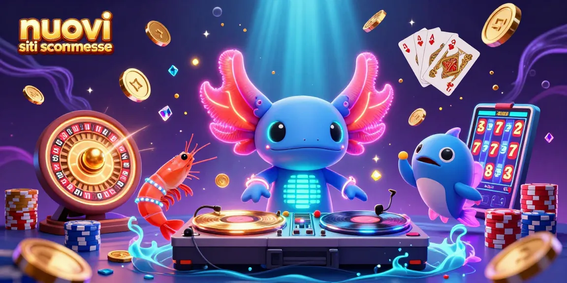 Esplora nuovi siti scommesse con l'illustrativa danza di un DJ axolotl e creature marine in un ambiente vibrante.