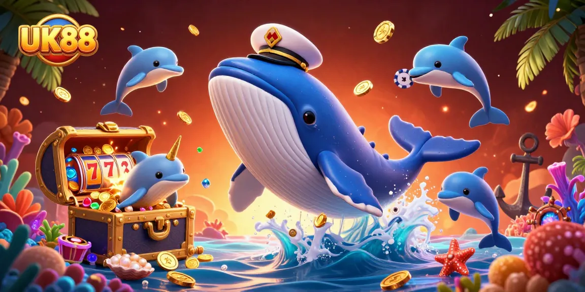 Experience the vibrant underwater world of UK88 with a whale captain and playful poker dolphins.