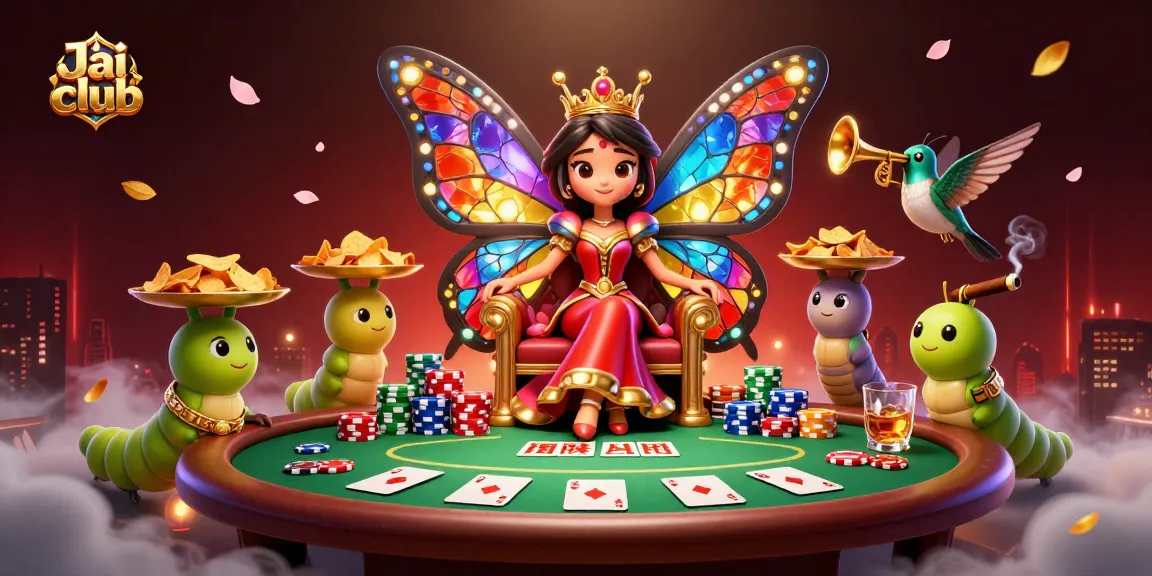 Join Jai club and experience thrilling poker action with a butterfly queen in a vibrant casino scene.