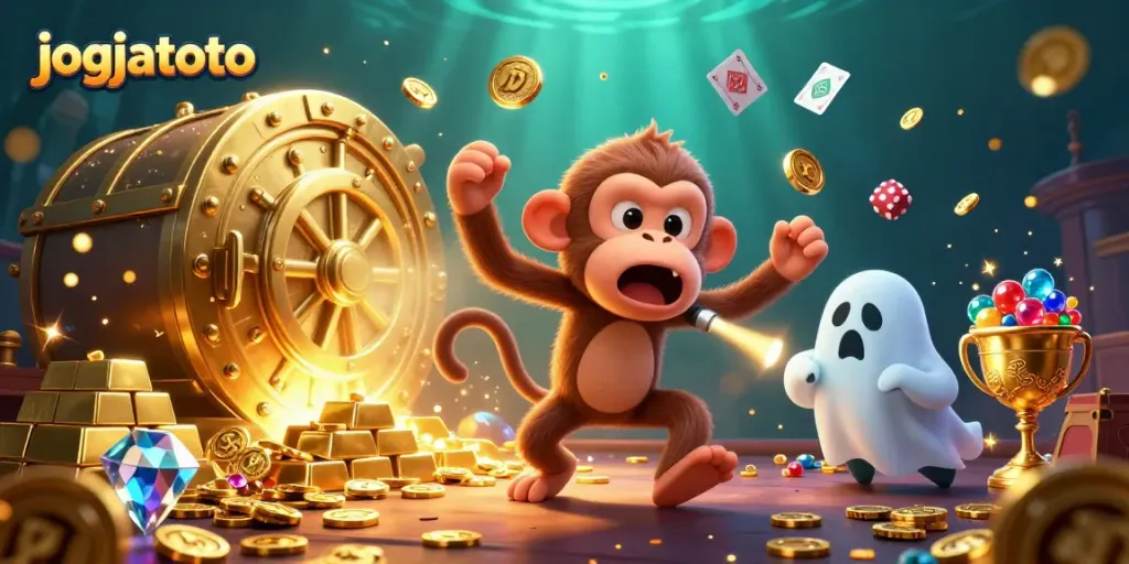 Experience the thrill of jogjatoto with a poltergeist monkey juggling golden treasures in a haunted casino.