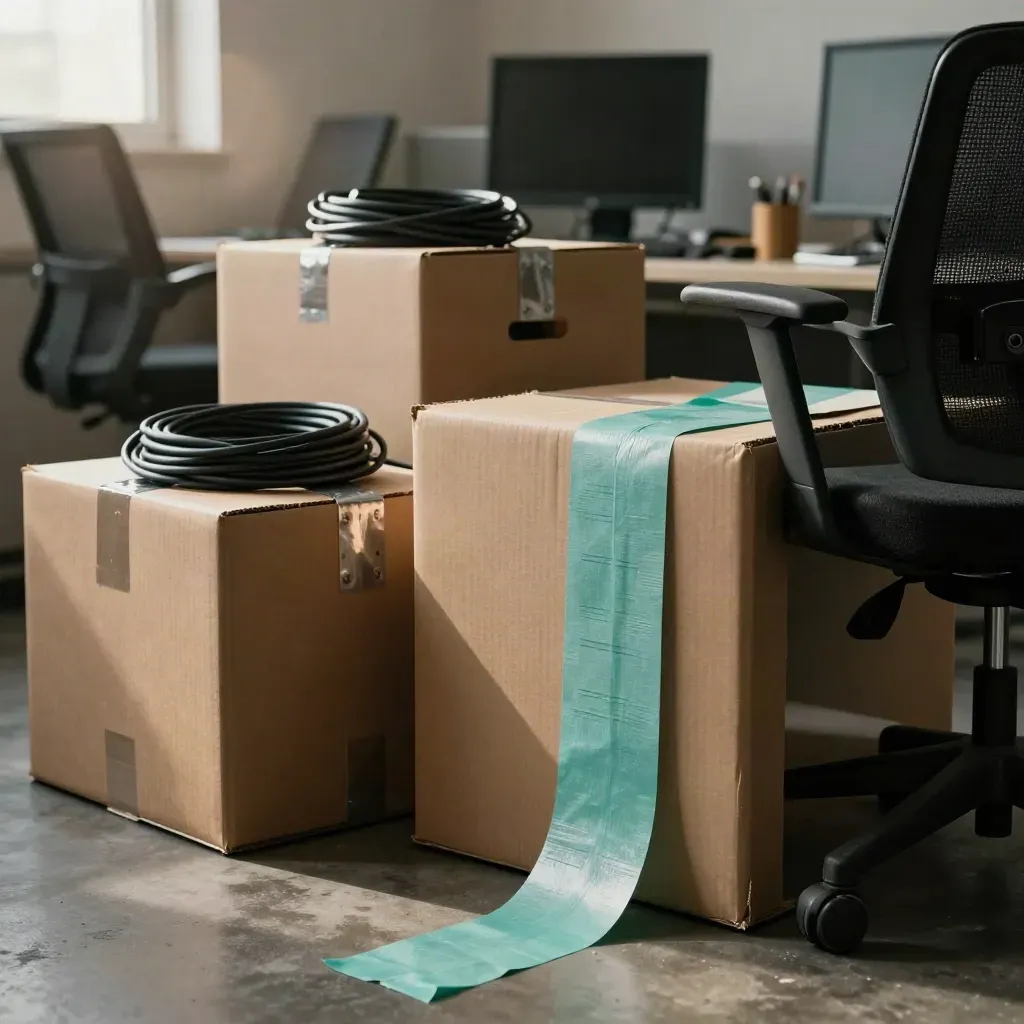 Macro of boxed monitors, coiled cables, cable trays and reset task chairs in a moving office.