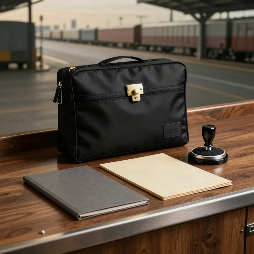 Customs pouch, seal, stamp pad and folder on a walnut logistics counter
