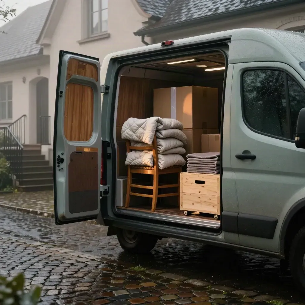 Open moving van at dawn with packed furniture at a wet townhouse loading bay.