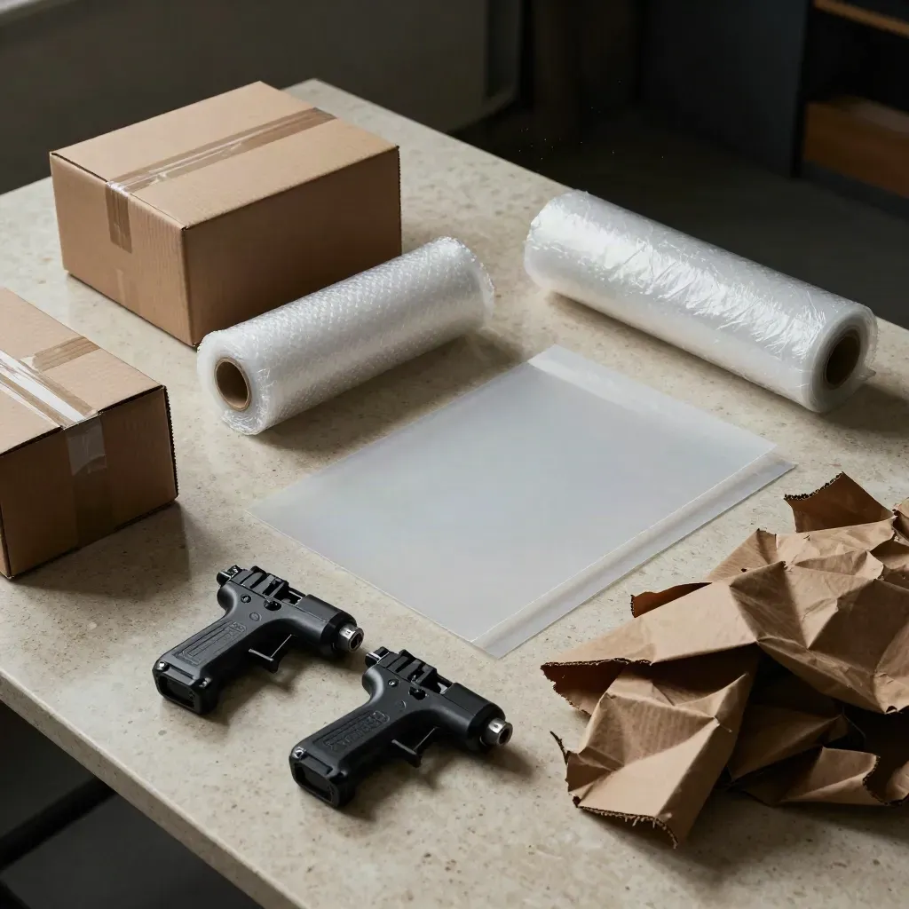 Packing supplies spread on a travertine worktable: cartons, bubble wrap, glassine, tape guns, and kraft filler.