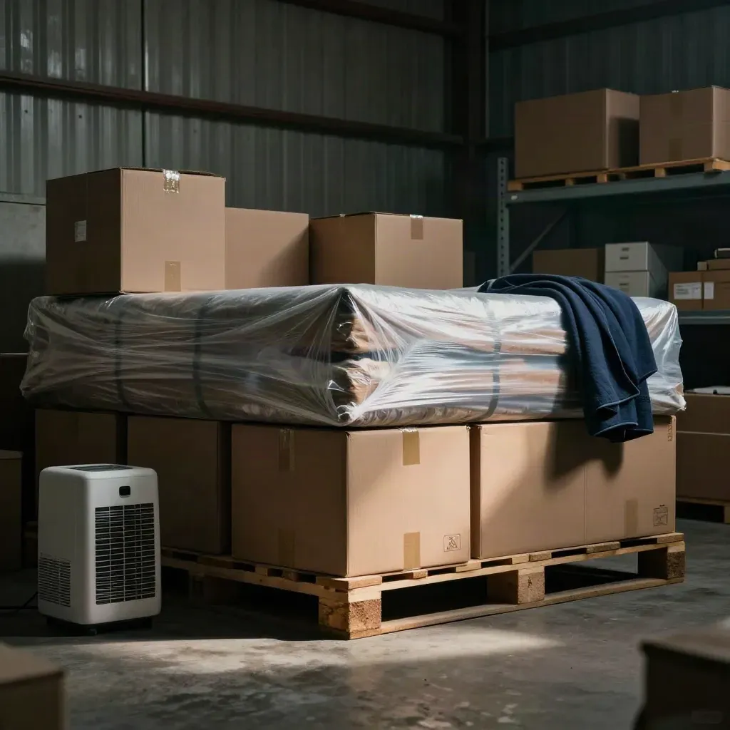Shrink-wrapped furniture, stacked boxes, and a dehumidifier in a dim storage bay.