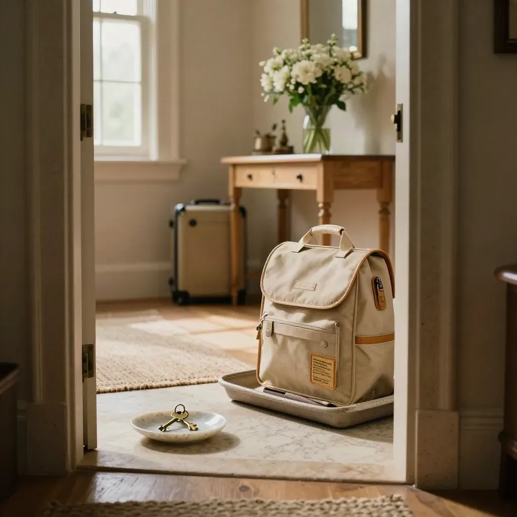 Entry hall with keys, shoe tray, folded satchel, luggage case and flowers in warm morning light.