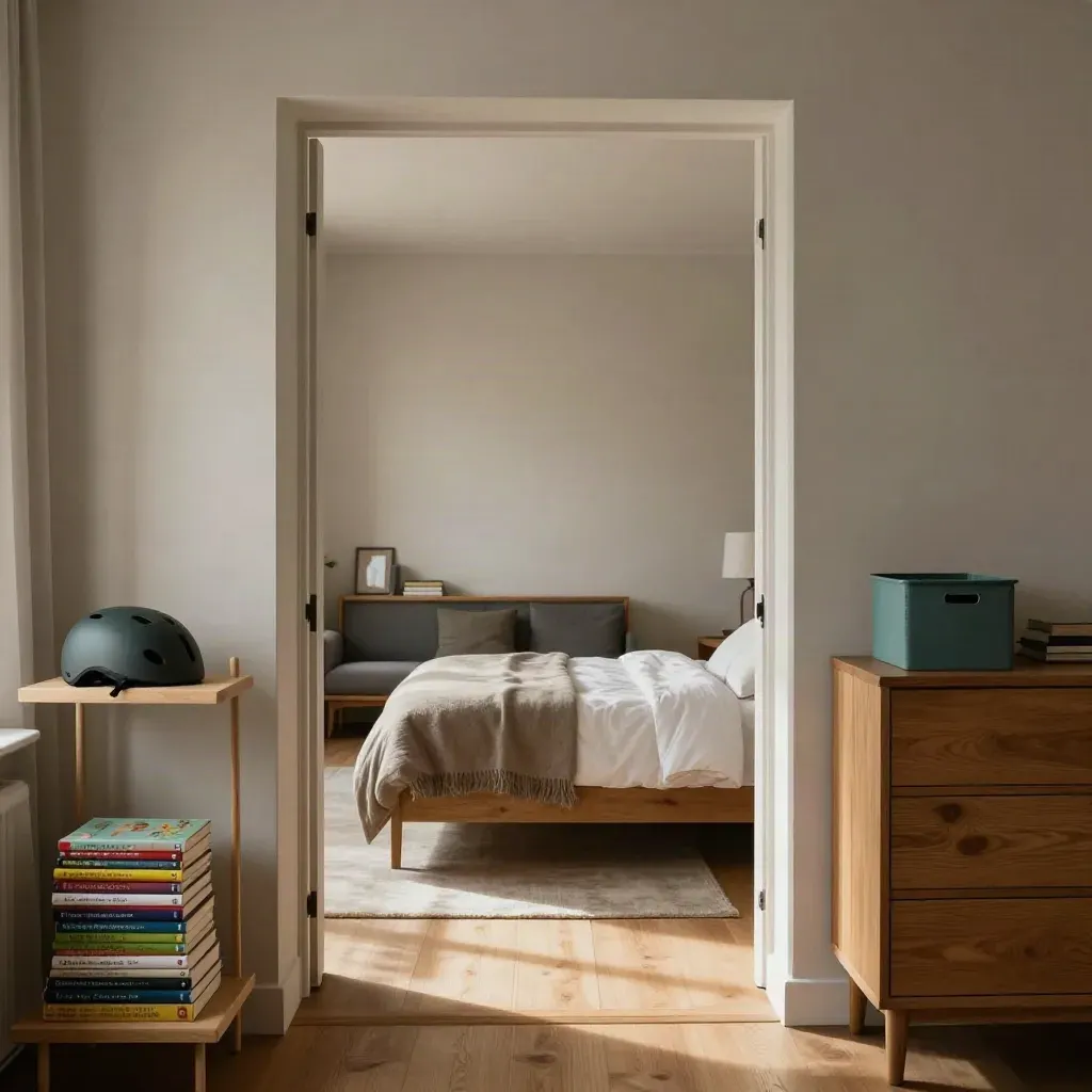 Finished Munich family apartment with made beds, books, a helmet shelf, and furniture in place.