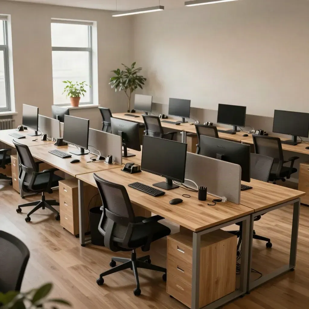 Reopened office with aligned desks, tucked chairs, off monitors and one plant by the window