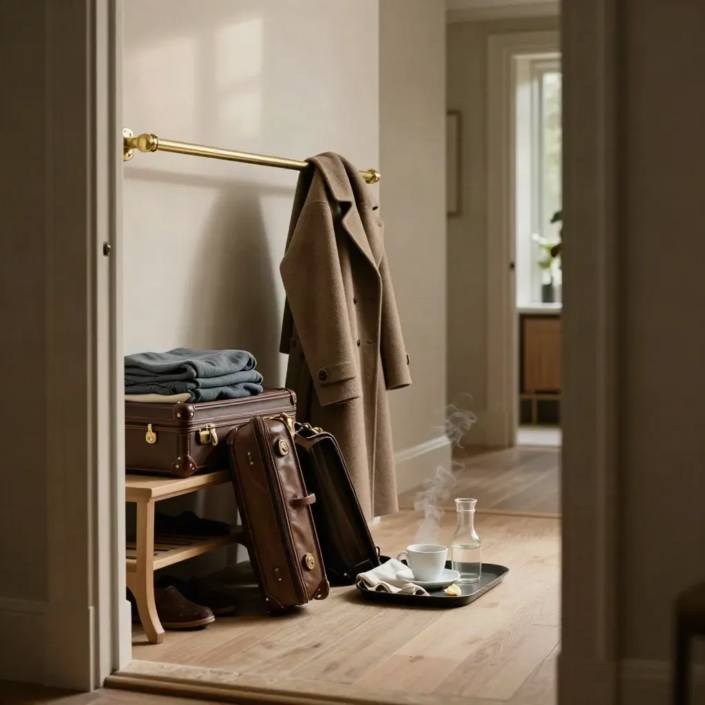 Open suitcases, folded coats, and a breakfast tray in a calm apartment entryway.