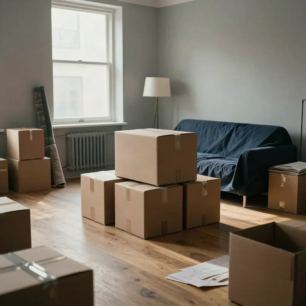 Wrapped sofa and strapped cartons returned to a bright city flat after storage.