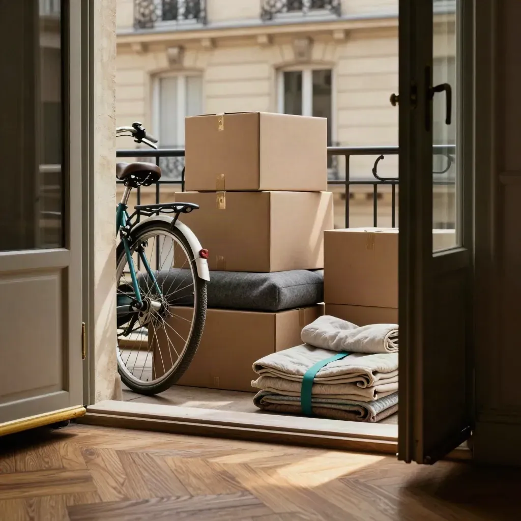 Lyon townhouse move details: bicycle tire, oak table, boxes, and furniture pads in terrace light.